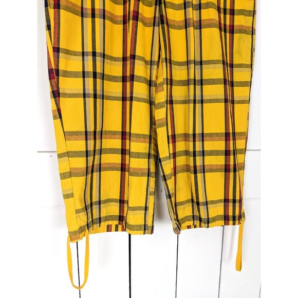 90s vintage yellow plaid wide leg cropped cotton high waisted drawstring pants - Picture 5 of 9
